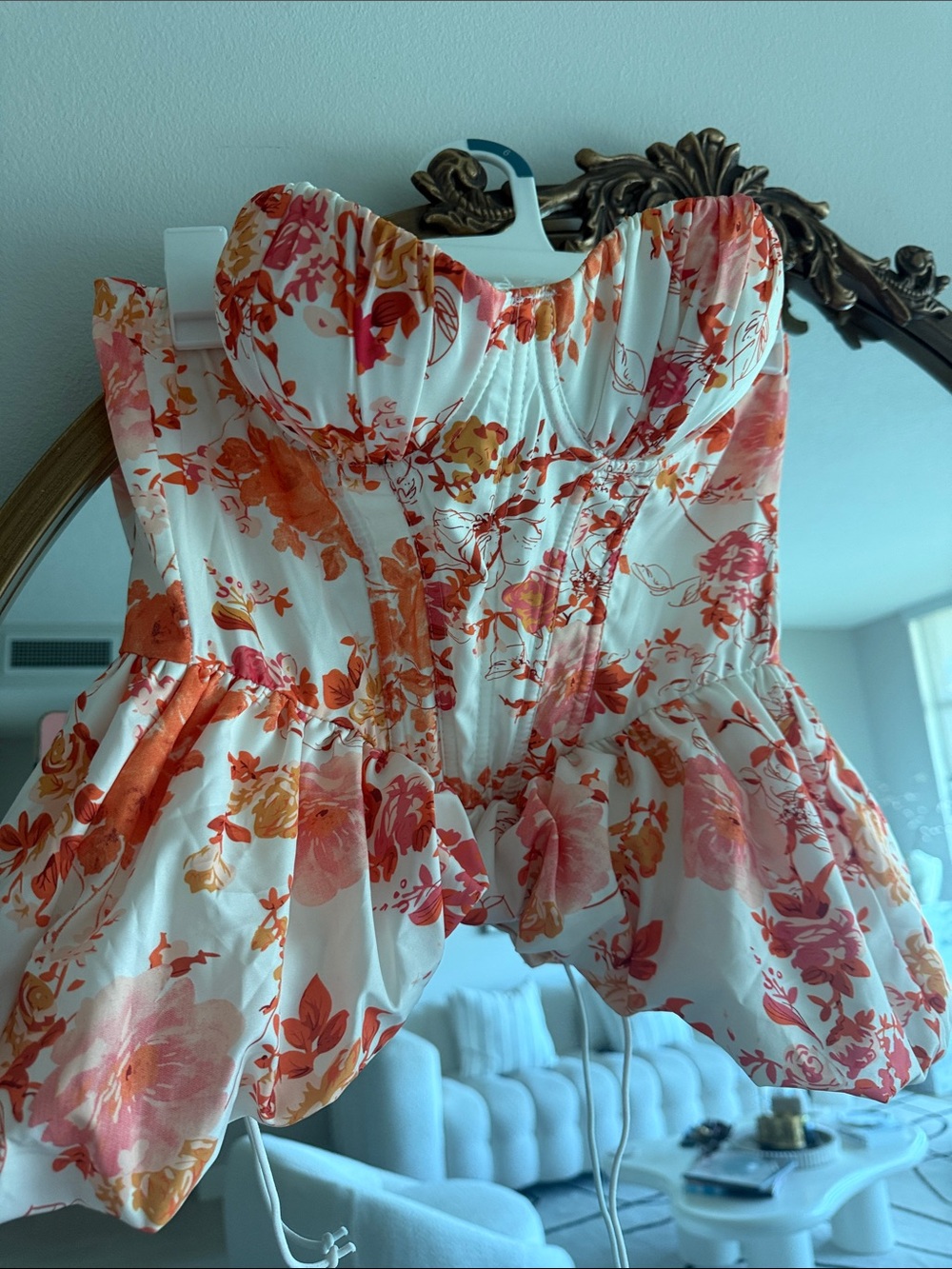 Floral Bustier Peplum Top - Coral & White